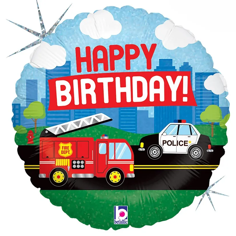 [36702H-P] Happy Birthday Firetruck and Police Car - 18 inch - Betallic