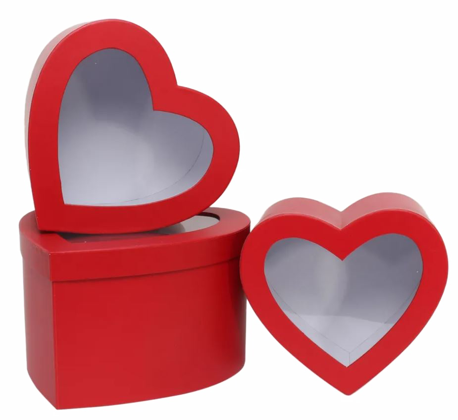 [BX2070] Hat Boxes - Heart Shape Red - With Window - Set van 3